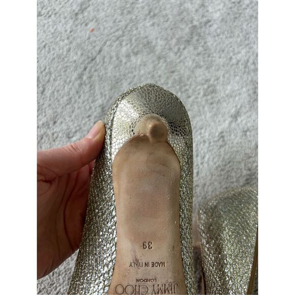 EUC Jimmy Choo Isabel Champagne Glitter Peep-Toe Pumps, Sz 39, $795 - Picture 7 of 11
